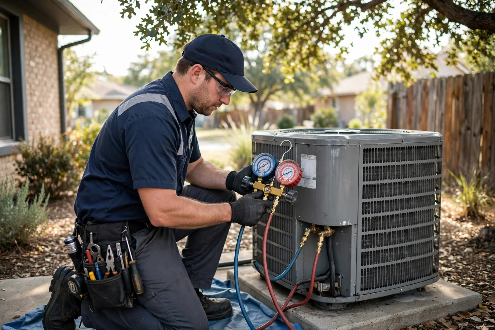HVAC technician measuring refrigerant pressure with gauges on a residential condenser