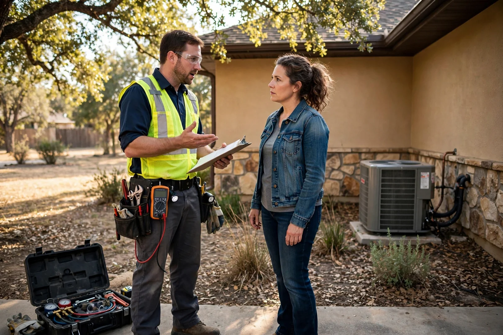Technician explaining a written HVAC service estimate to a Universal City homeowner